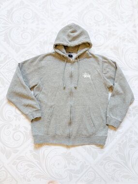 Stussy Vintage Light Gray Full-Zip Hoodie with White Logo